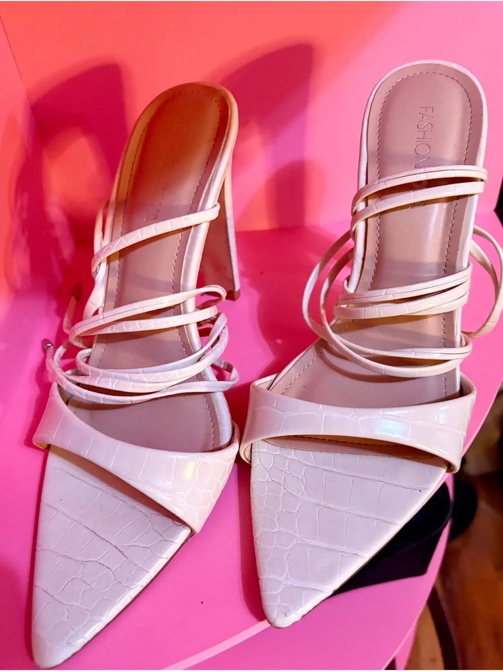 Fashion Nova Croc-Texture Strappy High Heel Sandals in Light Pink